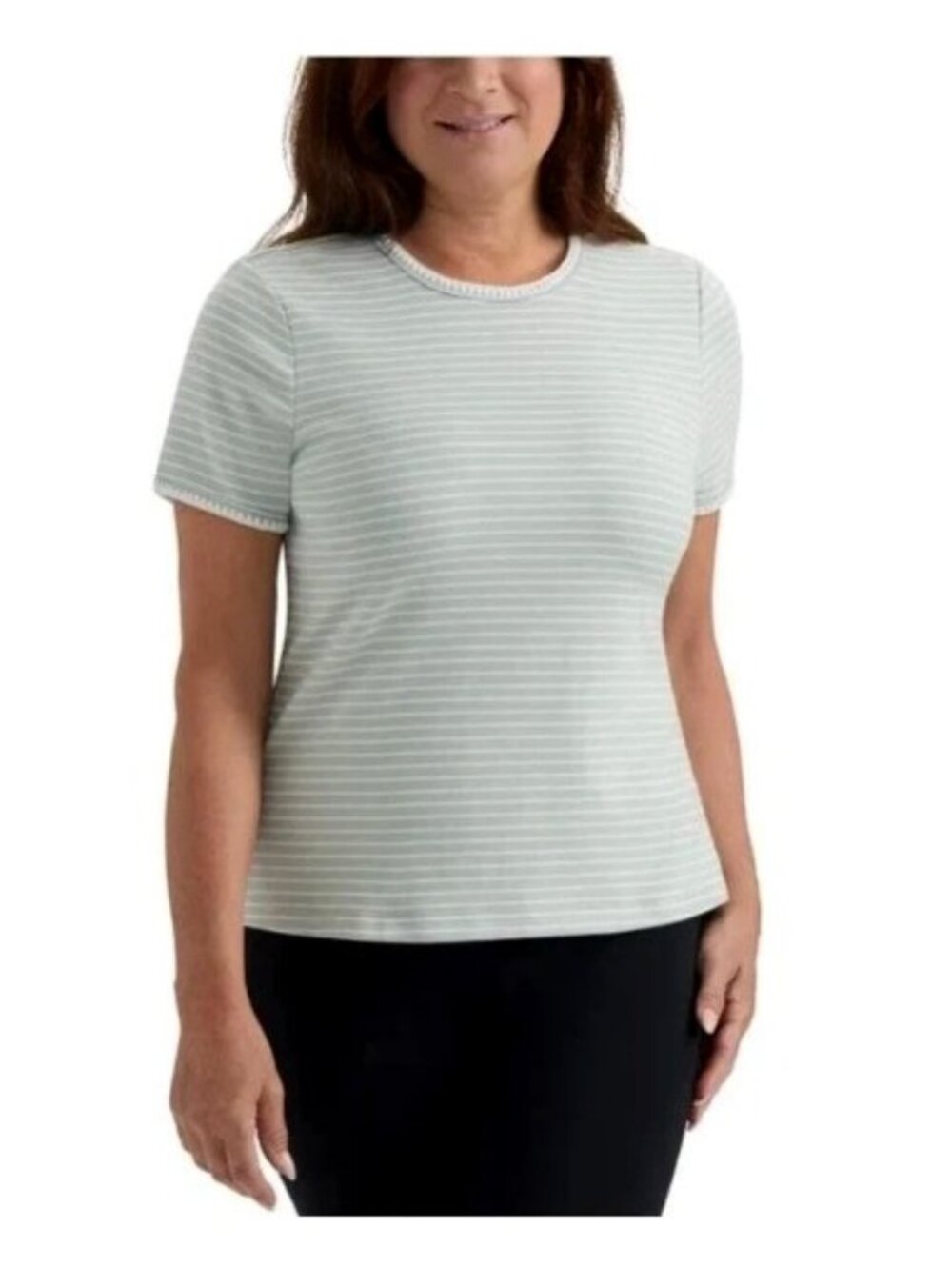 Teddi Rose Green/White Short Sleeve Knit Top with Contrast Trim-Size Med.-NWT